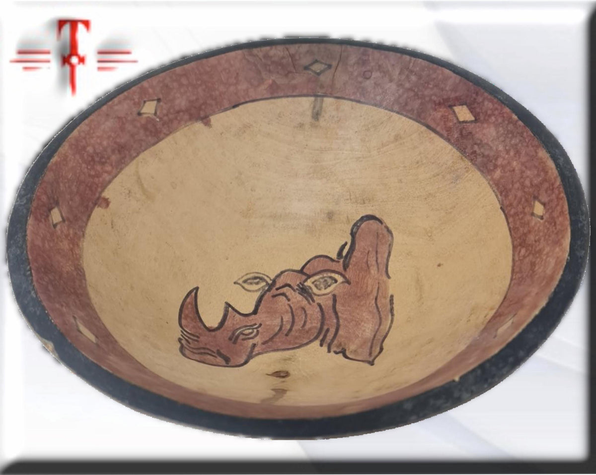 Cuenco de madera con diseño Rinoceronte Arte africano , Galería de Arte , antigüedad , Artesanía africana