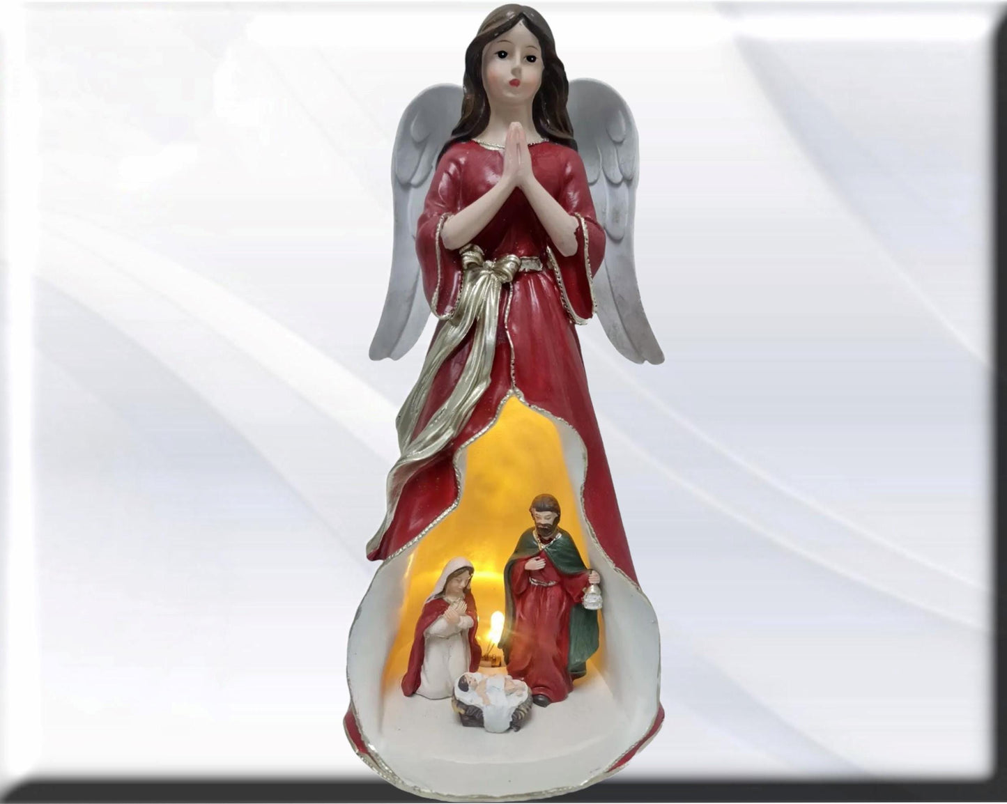 Estatua de ángel con Sagrada Familia, luz LED, santos y vírgenes católicos, productos religiosos