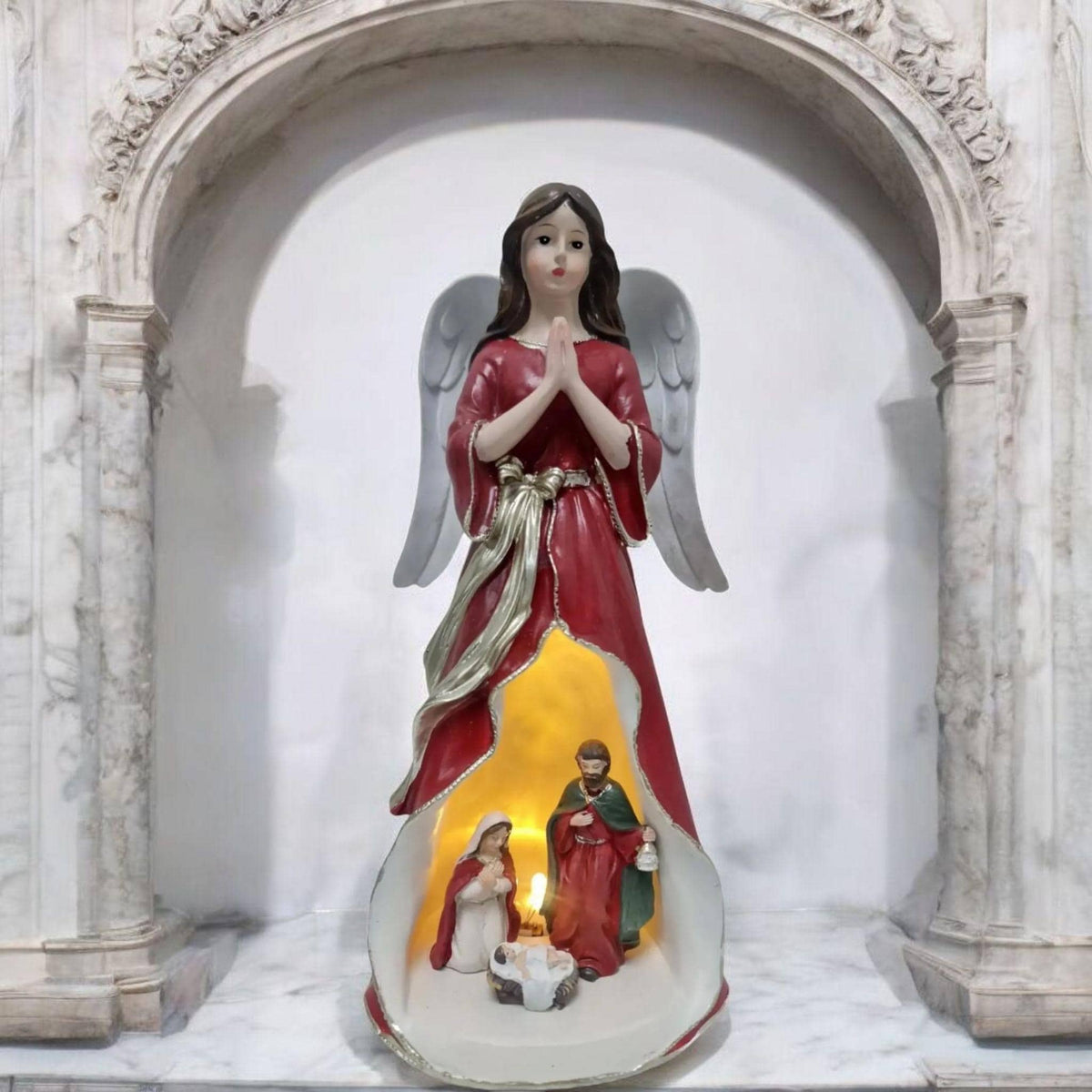 Estatua de ángel con Sagrada Familia, luz LED, santos y vírgenes católicos, productos religiosos