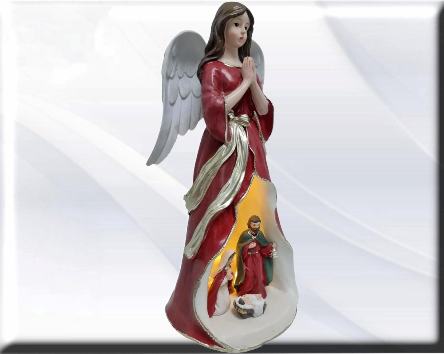 Estatua de ángel con Sagrada Familia, luz LED, santos y vírgenes católicos, productos religiosos