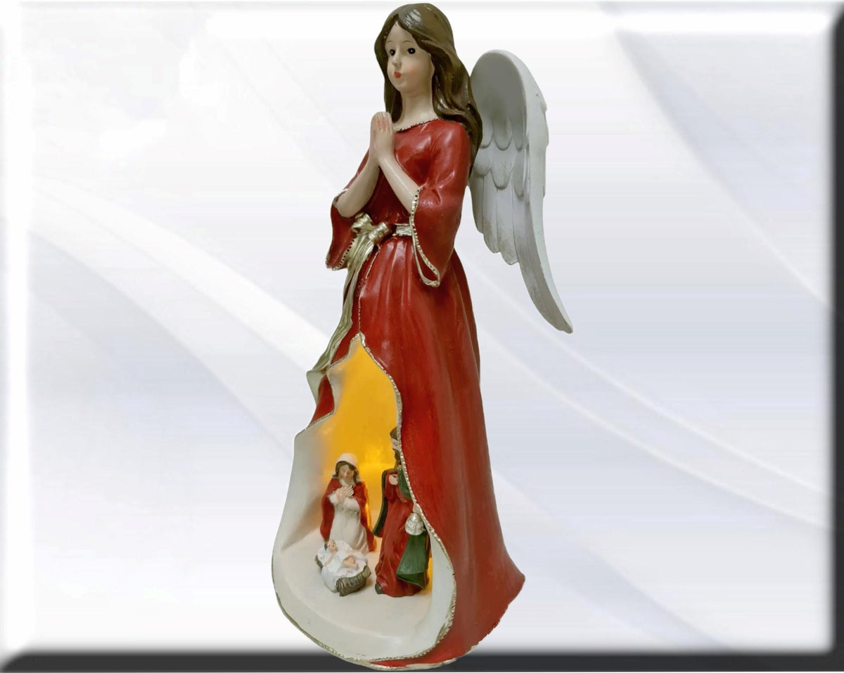 Estatua de ángel con Sagrada Familia, luz LED, santos y vírgenes católicos, productos religiosos