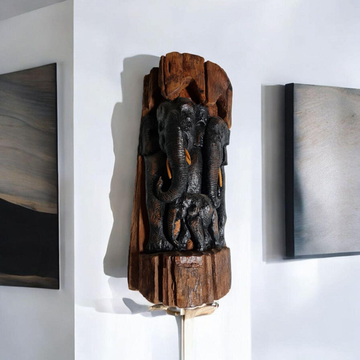 Escultura Talla en madera Familia de elefantes
